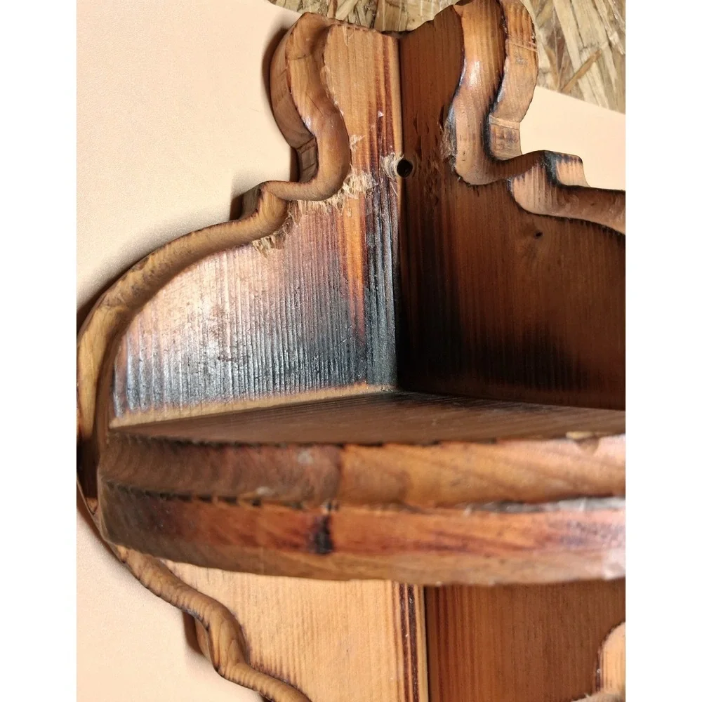 2 Vintage Carved Wood Corner Wall‎ Shelfs W/Two Tiers